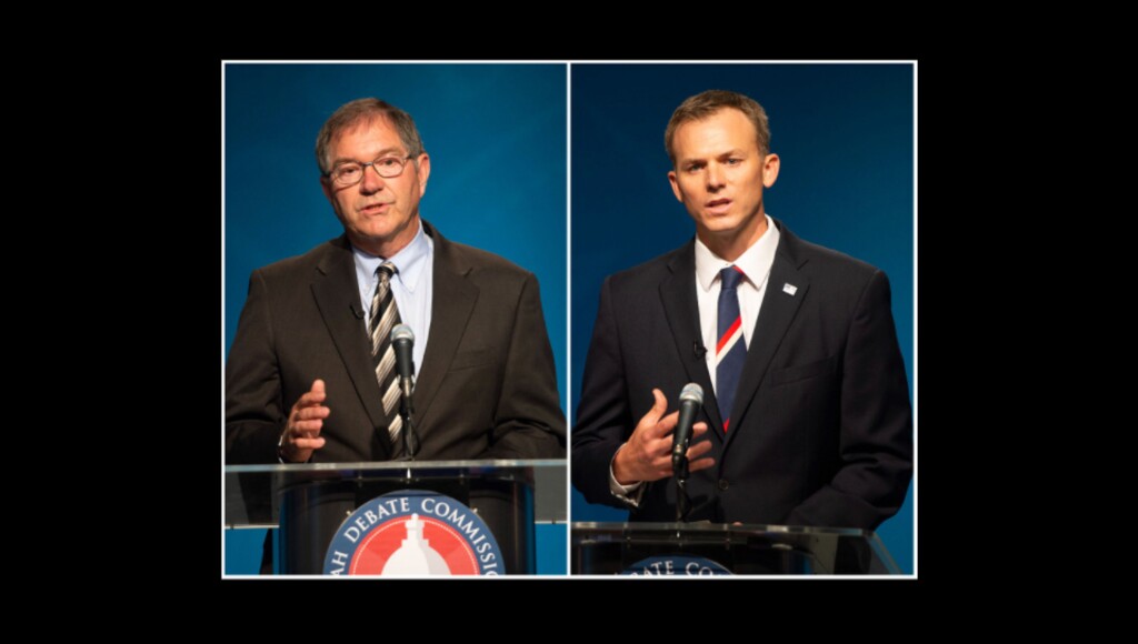 (Rick Egan | Tribune file photos) Davis County Commissioner Bob Stevenson, left, and Blake Moore, right, Republican candidates for the 1st Congressional District at a debate in June.