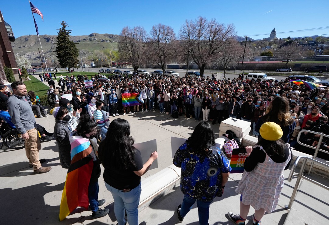 (Francisco Kjolseth | The Salt Lake Tribune) Students at West High School stage a walkout during second period on Wednesday, April 6, 2022 to protest HB11, which bans transgender girls from participating in female school sports.