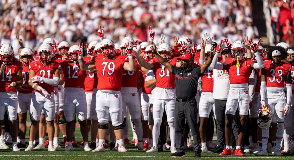 (Rick Egan | The Salt Lake Tribune)  The Utes pause for the Òmoment of loudnessÓ in the 4th quarter, in PAC-12 football action between the Utah Utes and the UCLA Bruins, at Rice-Eccles Stadium, on Saturday, Sept. 23, 2023.