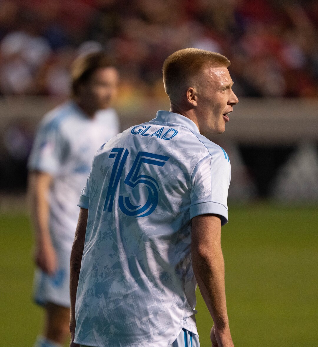 (Francisco Kjolseth | The Salt Lake Tribune) Real Salt Lake defender Justen Glad (15) reacts after a block in MLS action between Real Salt Lake and Minnesota United FC at Rio Tinto Stadium in Sandy, on Saturday, May 29, 2021.