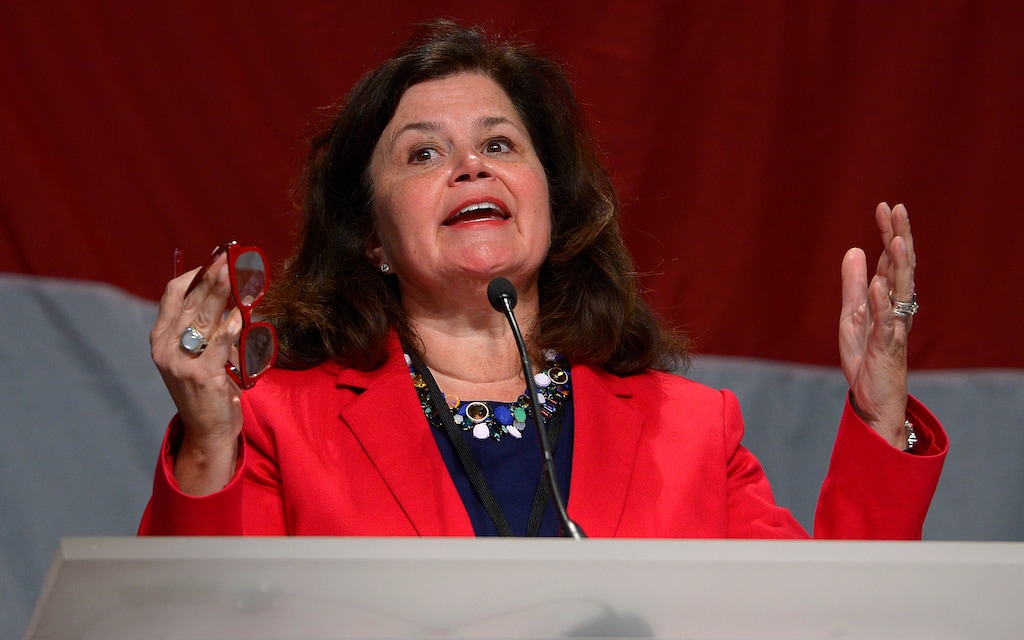 Leah Hogsten  |  The Salt Lake Tribune"You will stop interrupting this body," said Enid Greene Mickelsen, trying to restore order at the Utah Republican Party's convention with those who wished to change the agenda.   The Utah Republican Party held its annual convention, primarily to adopt changes to their constitution and bylaws to comply with the SB54 (Count My Vote) law for the 2016 election, Saturday, August 15, 2015. 