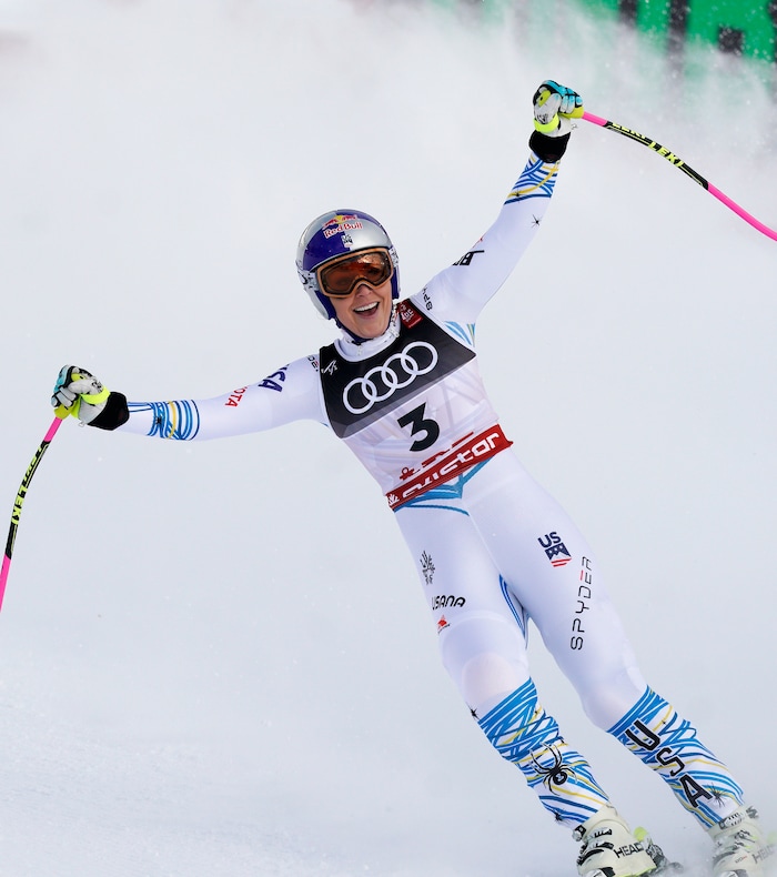 United States' Lindsey Vonn smiles in the finish area after the women's downhill race, at the alpine ski World Championships in Are, Sweden, Sunday, Feb. 10, 2019. (AP Photo/Giovanni Auletta)