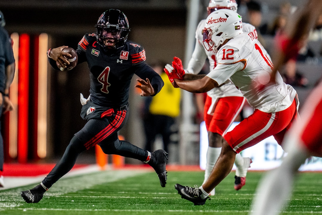 (Trent Nelson  |  The Salt Lake Tribune) Utah Utes quarterback Devon Dampier (4) as Utah hosts Houston, NCAA football at Rice-Eccles Stadium in Salt Lake City on Saturday, Oct. 24, 2026.