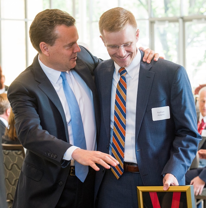 (Rick Egan  |  The Salt Lake Tribune)   Peter Huntsman chats with Nathan Adams as the University of Utah named Adams as one of the six new Jon M. Huntsman Presidential Chairs, funded by the Huntsman Family Foundation, during a ceremony at the Alumni House, Tuesday, June 19, 2018.



