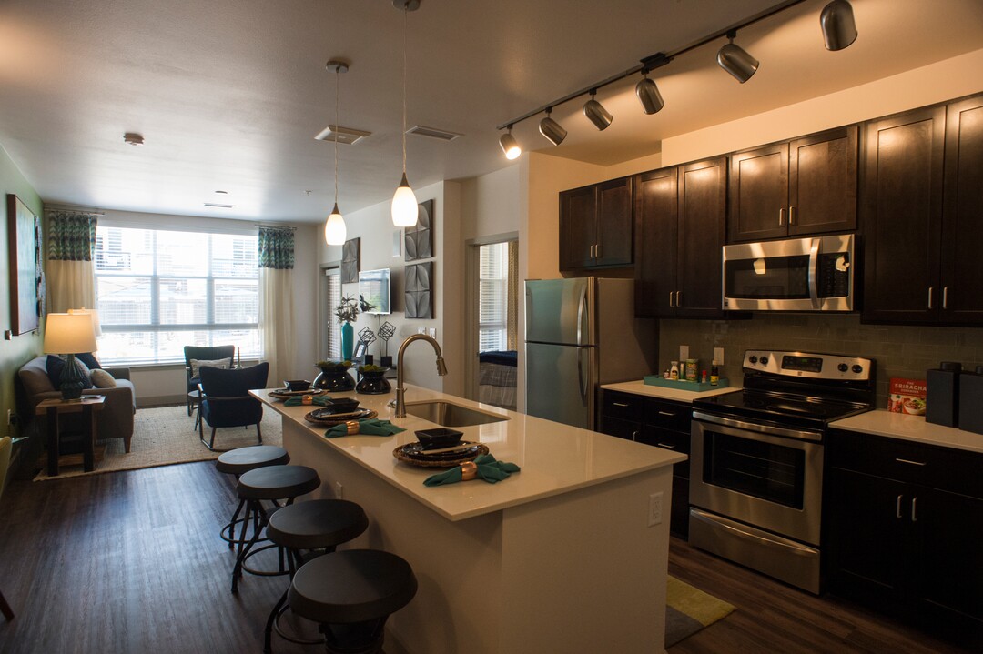 (Rick Egan  |  The Salt Lake Tribune)        Kitchen at Alta Gateway Station located at 505 West 100 South, is the first LEED Platinum certification for a multifamily apartment building in Utah. Wednesday, June 20, 2018.
