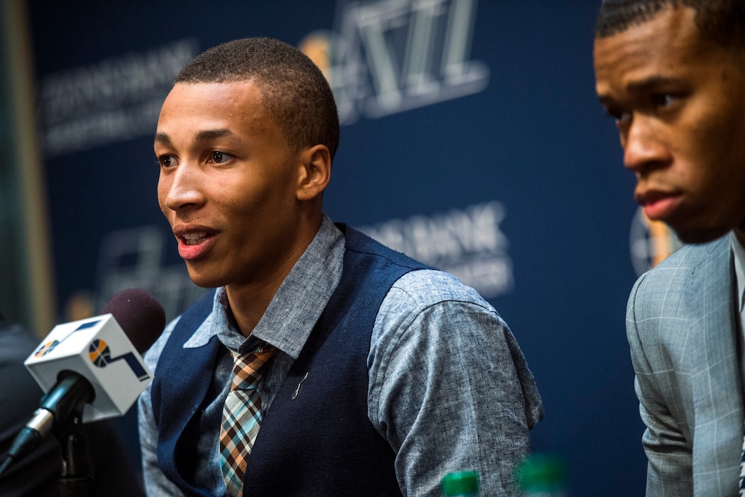 Chris Detrick  |  The Salt Lake TribuneUtah Jazz's Dante Exum and Rodney Hood during a press conference at the Zions Bank Basketball Center Friday June 27, 2014. 