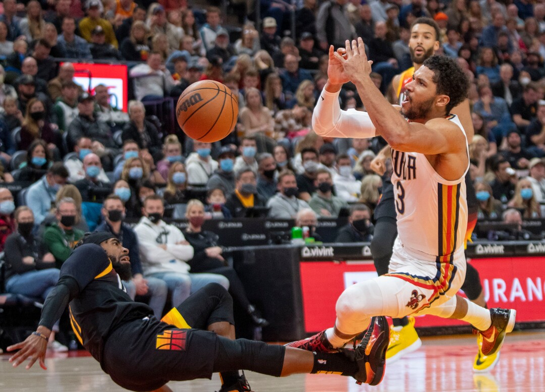 (Rick Egan | The Salt Lake Tribune)  Utah Jazz guard Mike Conley (11) stops a Pelican fast break by knocking the ball out of the hands of New Orleans guard Josh Hart (3), in NBA action between the Utah Jazall out of thez and the New Orleans Pelicans, at Vivint Arena, in Salt Lake City, on Friday, Nov. 26, 2021.