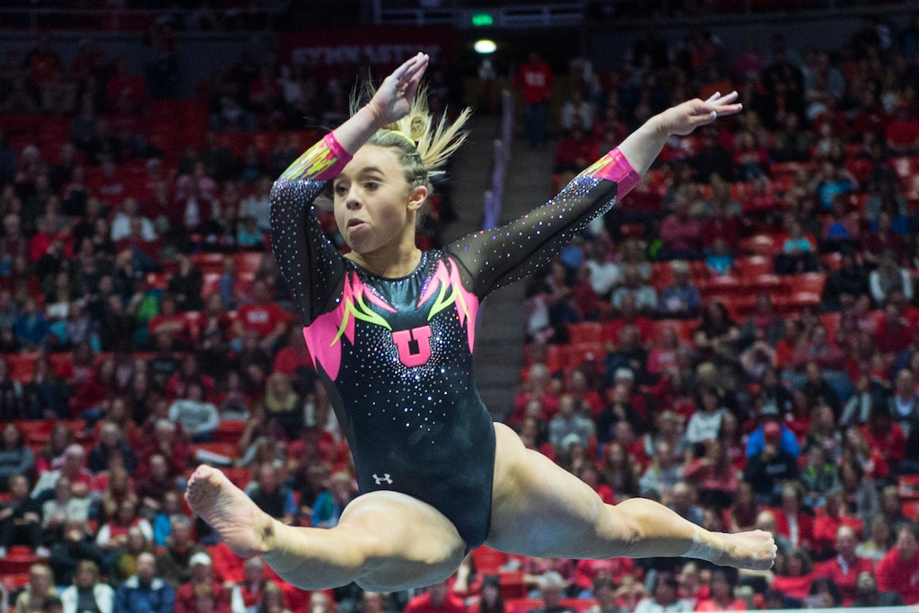 (Rick Egan  |  The Salt Lake Tribune)   Sydney Soloski competes on the floor for Utah, in Gymnastics action Utah vs. Oregon State at the Jon M. Huntsman Center, Friday, January 19, 2018.