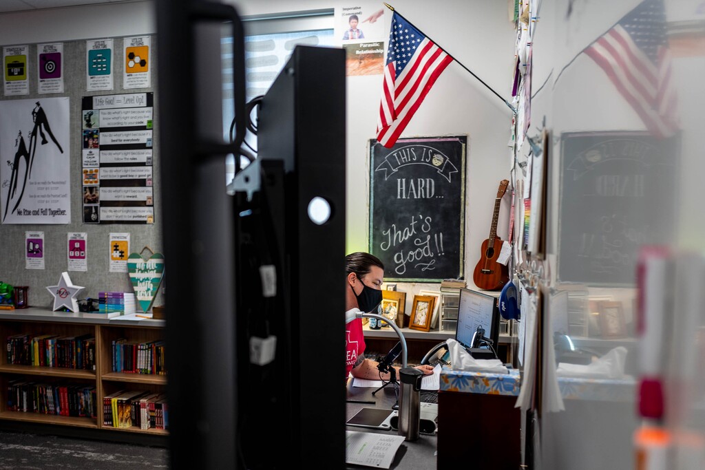 (Trent Nelson  |  Tribune file photo) A Meadowlark Elementary School teacher interacts with his students on Zoom, in Salt Lake City on Friday, Sept. 18, 2020.