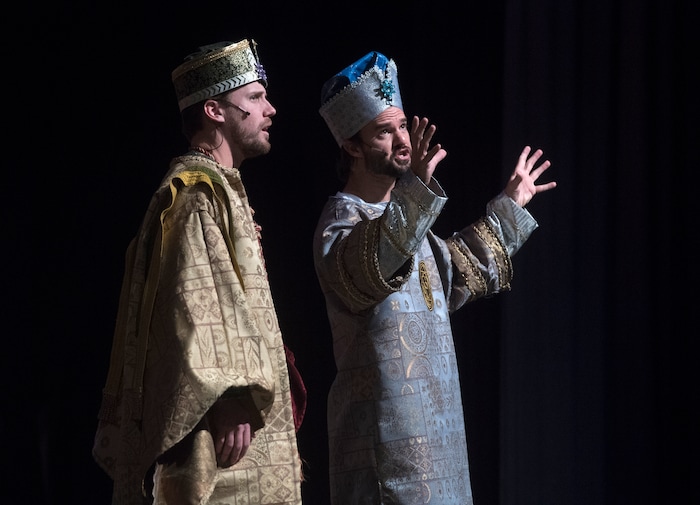 (Rick Egan  |  The Salt Lake Tribune) Daniel Lofgren plays Artaban and Russell Maxfield is Rashne in a rehearsal Nov. 27 of  "The Other Wise Man," a musical based on the Henry Van Dyke novella that opens Nov. 29 at Wasatch Jr. High.