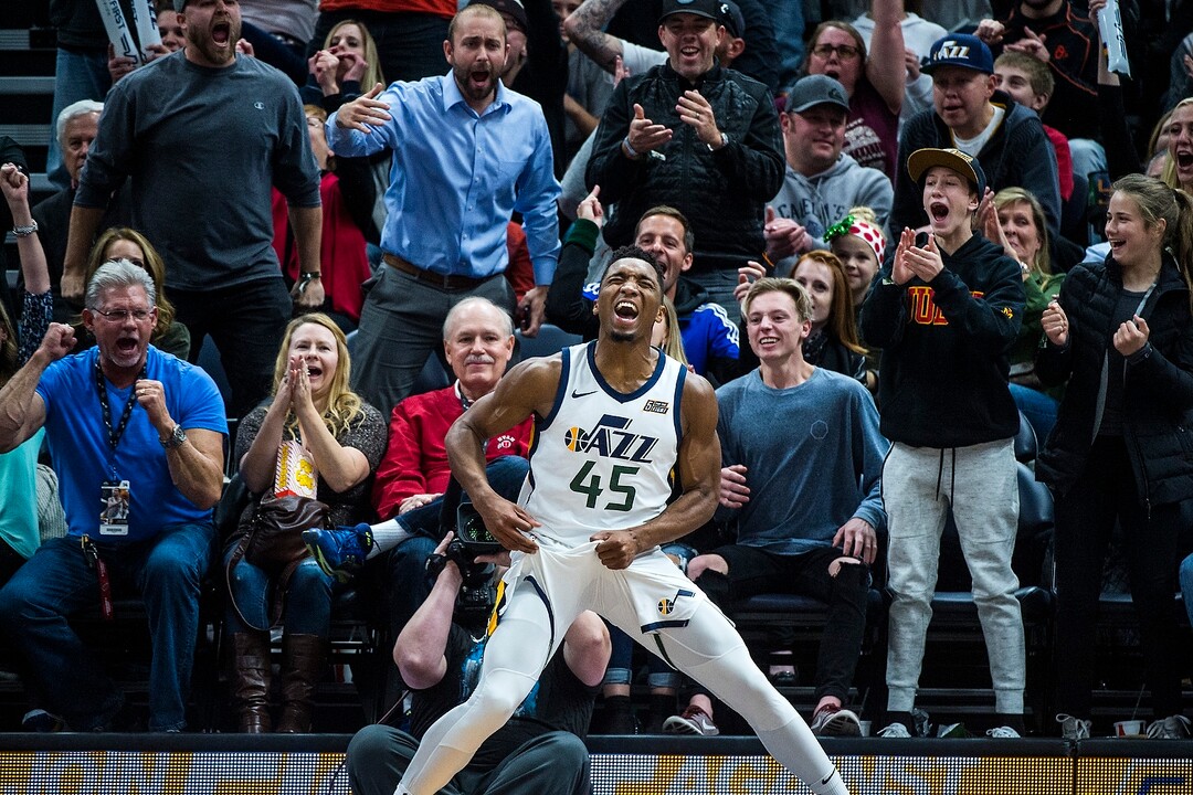 (Chris Detrick  |  The Salt Lake Tribune)  Utah Jazz guard Donovan Mitchell (45) celebrates after being fouled and still making the basket during the game at Vivint Smart Home Arena Friday, December 1, 2017.  Utah Jazz defeated New Orleans Pelicans 114-108.