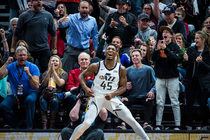 (Chris Detrick  |  The Salt Lake Tribune)  Utah Jazz guard Donovan Mitchell (45) celebrates after being fouled and still making the basket during the game at Vivint Smart Home Arena Friday, December 1, 2017.  Utah Jazz defeated New Orleans Pelicans 114-108.