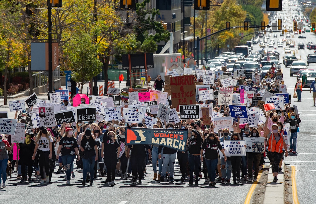 (Francisco Kjolseth  |  The Salt Lake Tribune) Demonstrators gather in Salt Lake City, uniting with Women’s March rallies happening in Washington D.C. and around the country on Saturday, Oct. 17, 2020, to signal their opposition to President Donald Trump and his agenda, including his push to fill the seat of late Supreme Court Justice Ruth Bader Ginsburg before election day.