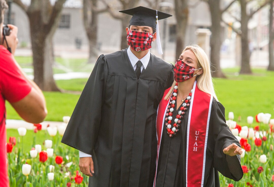 (Rick Egan  |  The Salt Lake Tribune)   Colby Bill takes photos of Utah Graduates, Nick Gruet and Kennidy Howard at Presidents Circle at the University of Utah, Thursday April 30, 2020