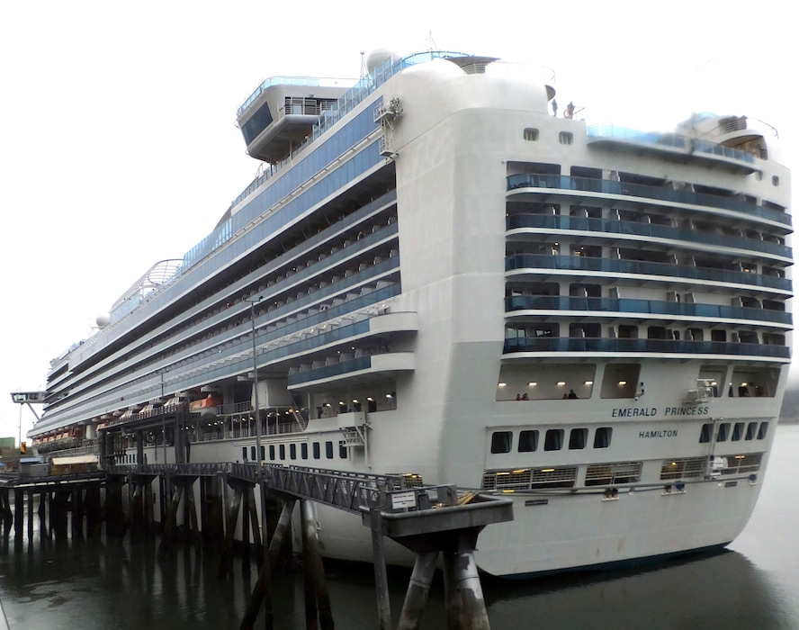 The Emerald Princess cruise ship is docked in Juneau, Alaska, Wednesday, July 26, 2017. The FBI is investigating the domestic dispute death of a Utah woman on board the ship, which was traveling in U.S. waters outside Alaska. (AP Photo/Becky Bohrer)