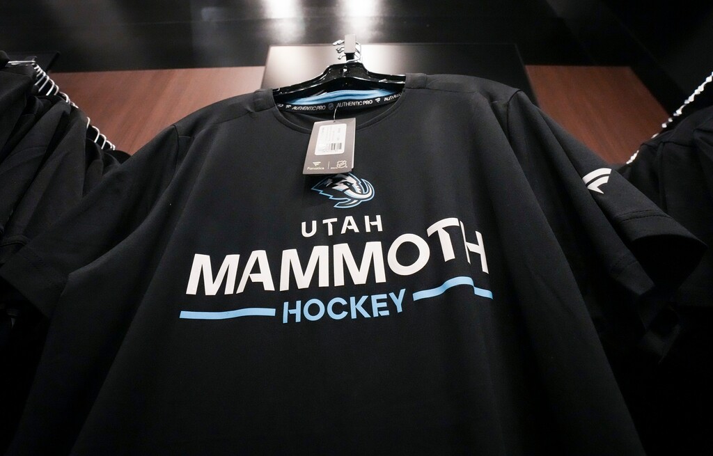(Bethany Baker  |  The Salt Lake Tribune) Merchandise is available for sale during a preseason game for the Utah Mammoth at Delta Center in Salt Lake City on Thursday, Oct. 2, 2025.