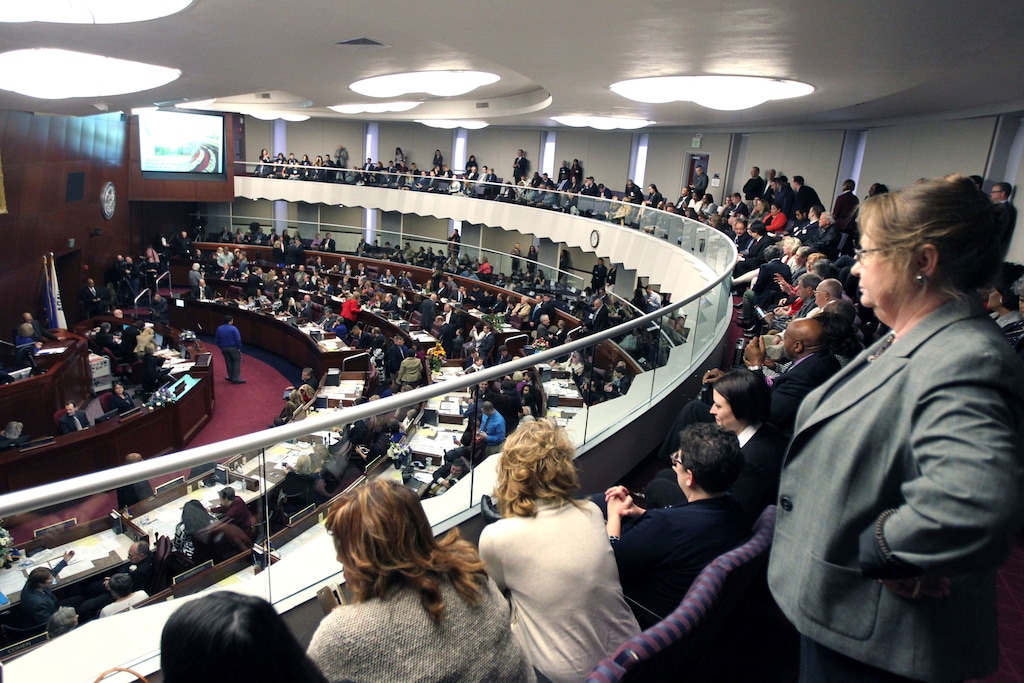 (AP Photo/Lance Iversen, File) In this Feb 6, 2017, file photo, spectators look watch the Nevada State Assembly on the opening day of the Legislative Session in Carson City, Nev. Nevada became the first state in the U.S. with an overall female-majority in the Legislature on Tuesday, Dec. 18, 2018, when county officials in Las Vegas appointed two women to fill vacancies in the state Assembly.