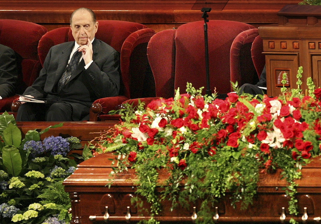 (Scott Sommedorf  |  The Salt Lake Tribune) President Thomas S. Monson ponders at the funeral for his friend President Gordon B. Hinckley at the Conference Center on Feb. 2, 2008.