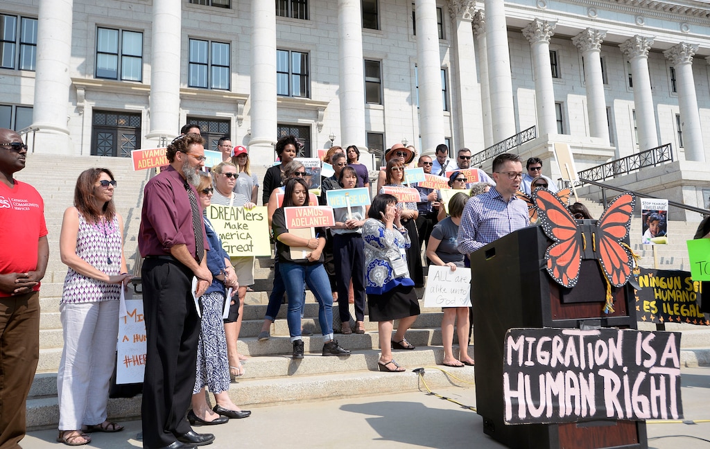 (Al Hartmann | The Salt Lake Tribune)
A group gathers on the steps of the Utah Capitol on Tuesday with Comunidades Unidas (Communities United), an organization that says the Trump administration's plans to end the DACA program is bad for Utah's families and economy.