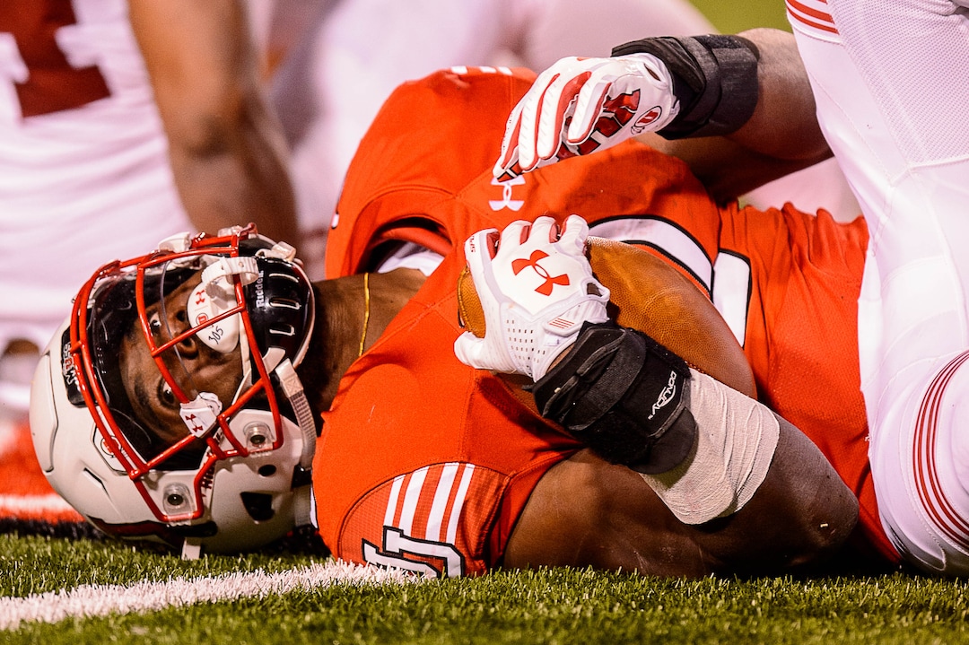 (Trent Nelson | The Salt Lake Tribune)  Utah Utes running back Zack Moss (2) after a tackle, as the University of Utah hosts Stanford, NCAA football at Rice-Eccles Stadium in Salt Lake City Saturday October 7, 2017.