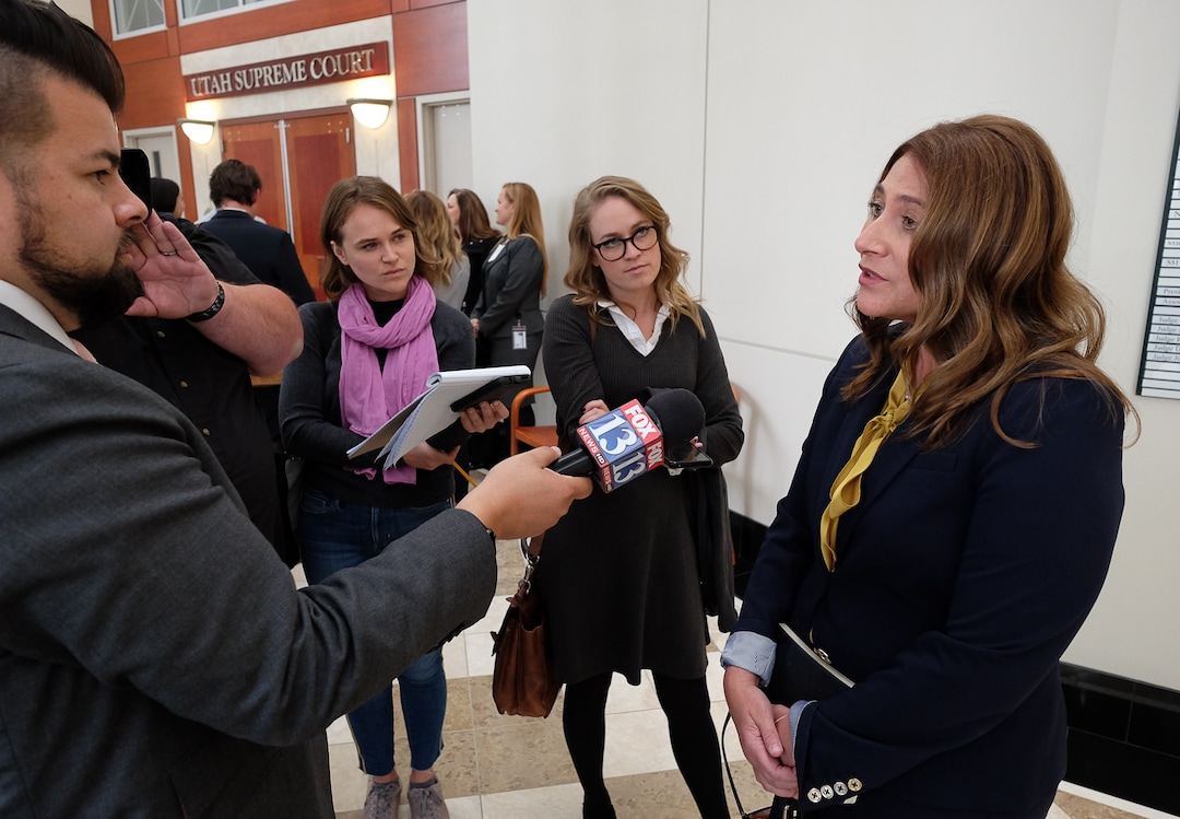 (Francisco Kjolseth  |  The Salt Lake Tribune)  Salt Lake Tribune editor Jennifer Napier-Pearce speaks with the media outside the Utah Supreme Court where it heard the appeal filed by BYU lawyers in 2018 after a 3rd District judge ruled that the private universityÕs police force is a governmental entity that has to follow the same rules for transparency as other police departments across the state on Friday, Oct. 4, 2019. The Salt Lake Tribune's lawsuit involved whether BYU police should be subject to Utah's open records laws.