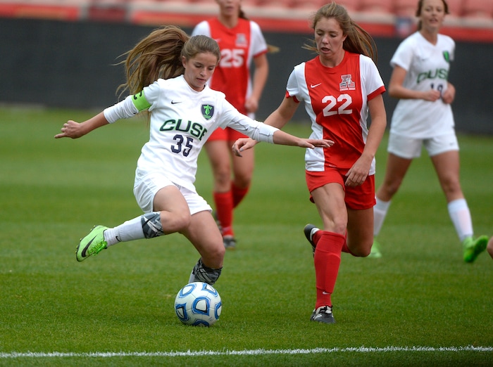 (Scott Sommerdorf | The Salt Lake Tribune)
Syracuse's Caroline Stringfellow shoots to score the first goal of the game giving Syracuse a first half 1-0 lead. American Fork came back in the second half to beat Syracuse 3-1 to win the 6A championship game played at Rio Tinto, Friday, October 20, 2017.