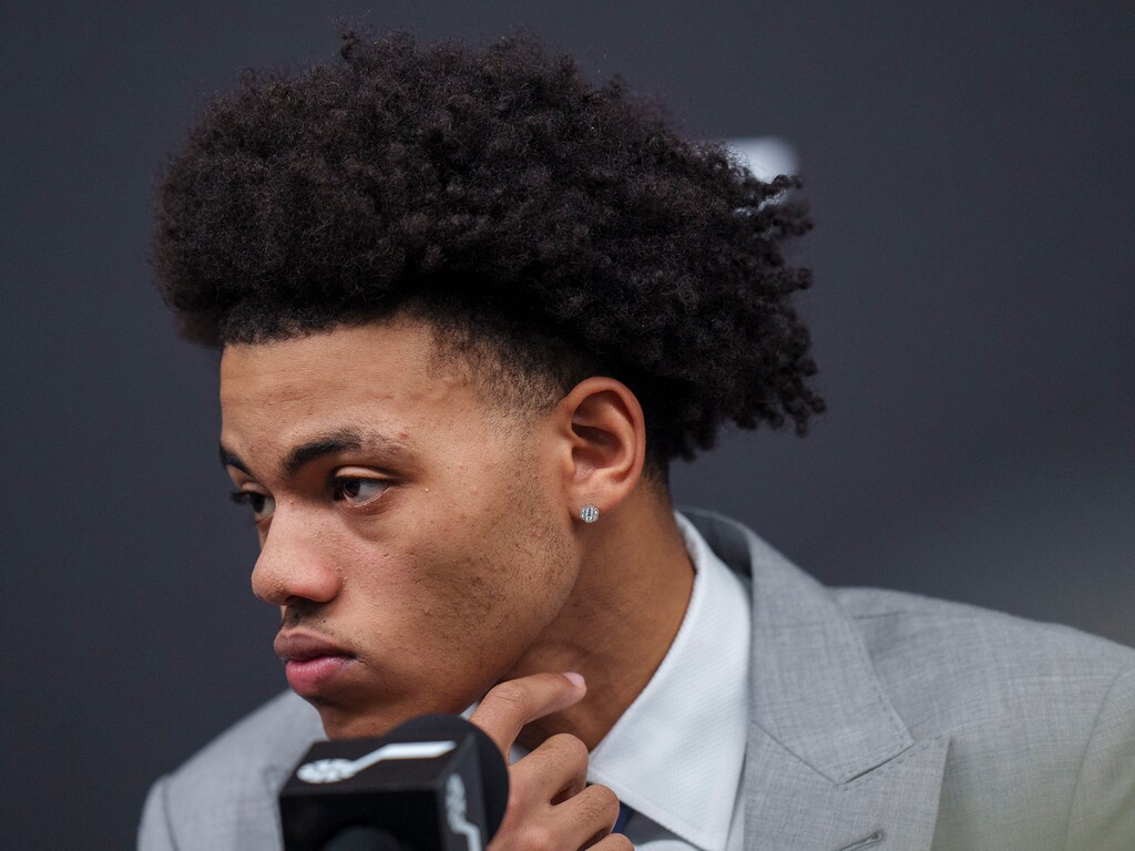 (Leah Hogsten | The Salt Lake Tribune) Keyonte George, the No. 16 Utah Jazz NBA draft pick, addresses members of the media at the Utah Jazz Basketball Center, June 26, 2023. 