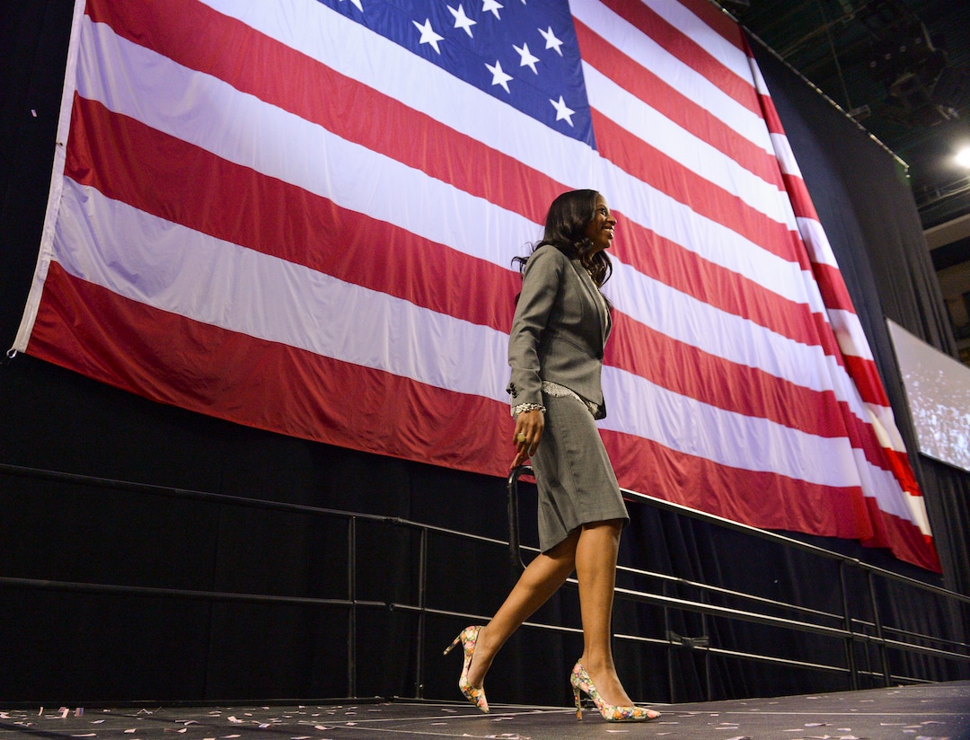 (Leah Hogsten  |  The Salt Lake Tribune) Mia Love, Representative for Utah's 4th Congressional District, addresses the delegates at the Utah Republican Nominating Convention Saturday, April 21, 2018 at the Maverik Center. 