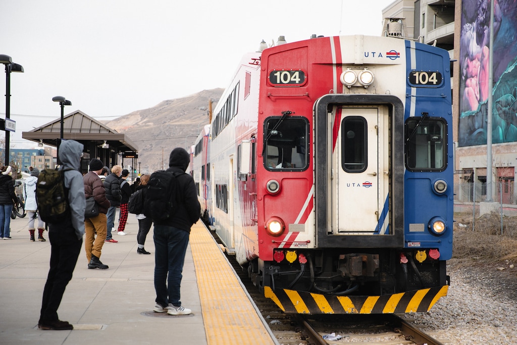 (Rachel Rydalch | The Salt Lake Tribune) Southbound FrontRunner Train arrives at the North Temple Station on Tuesday, Feb. 22, 2022.