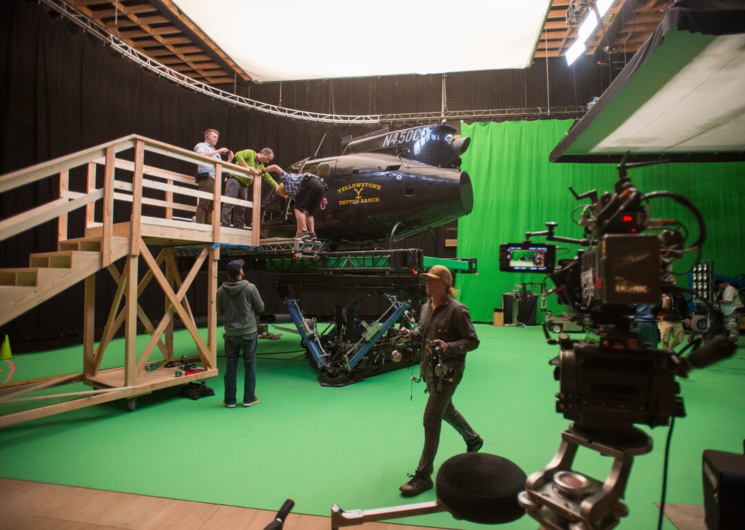 (Rick Egan  |  The Salt Lake Tribune)   Stage crews prepare to shoot a helicopter scene for the upcoming Paramount Network series "Yellowstone" on a soundstage at Utah Film Studios in Park City. The series stars Oscar-winner Kevin Costner, who is also an executive producer, as the patriarch of a family that owns the largest contiguous ranch in the United States, which borders on Yellowstone National Park.