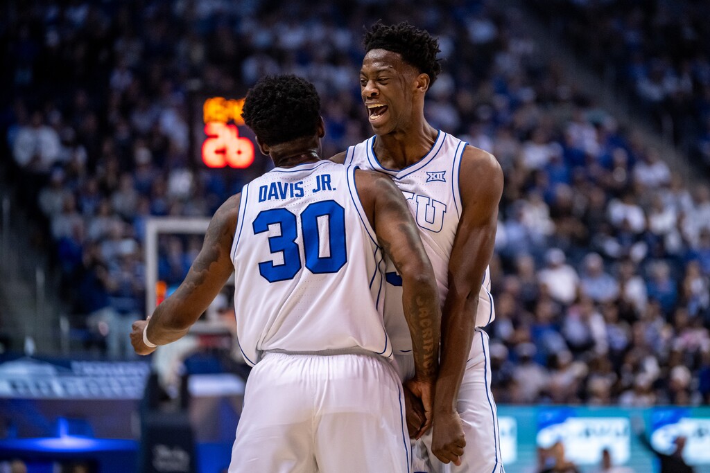 (Trent Nelson  |  The Salt Lake Tribune) BYU Cougars forward Kennard Davis Jr. (30) and BYU Cougars forward AJ Dybantsa (3) as BYU hosts Texas Tech, NCAA basketball in Provo on Saturday, March 7, 2026.