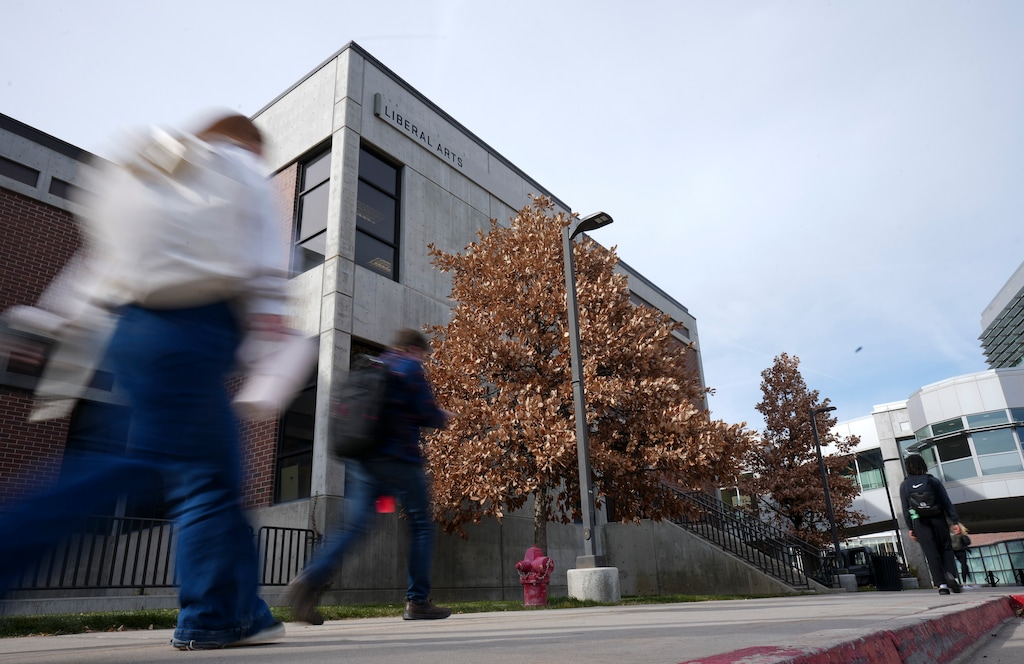 (Bethany Baker  |  The Salt Lake Tribune) Students walk on campus at Utah Valley University in Orem on Wednesday, Dec. 11, 2024.