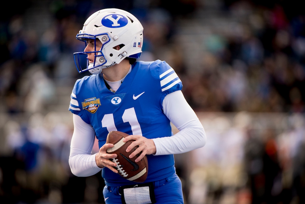 (Jeremy Harmon  |  The Salt Lake Tribune) Brigham Young Cougars quarterback Zach Wilson (11) takes the field at the start of their game against Western Michigan Broncos in the Famous Idaho Potato Bowl in Boise, Idaho, on Friday, Dec. 21, 2018.