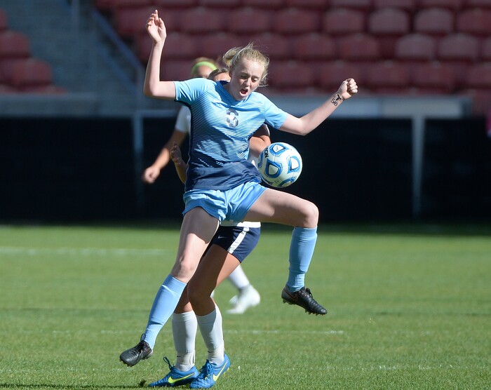 (Scott Sommerdorf | The Salt Lake Tribune)
Sky View's Haley Haynie tries to settle a pass during first half play. Sky View defeated Bonneville 2-0 to win the 4A title game, Saturday, October 21, 2017.