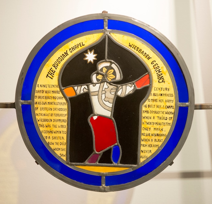 (Rick Egan  |  The Salt Lake Tribune)      Wiesbaden, Germany, The Russian Chapel, is part of the the McDonald Windows, stained glass exhibit, "Remembered Light," which features fragments from World War II windows. The exhibit brought to Utah by the Salt Lake Interfaith Roundtable & the Peace Committee of the Utah District of Rotary International. The exhibit runs through Nov 17, at 175 South Main, in Salt Lake City. Monday, Oct. 29, 2018.



