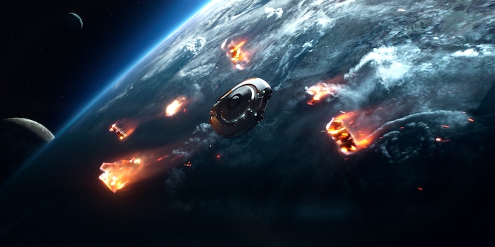 (Courtesy of Netflix) The Jupiter 2 heads toward a crash landing on “Lost in Space.”