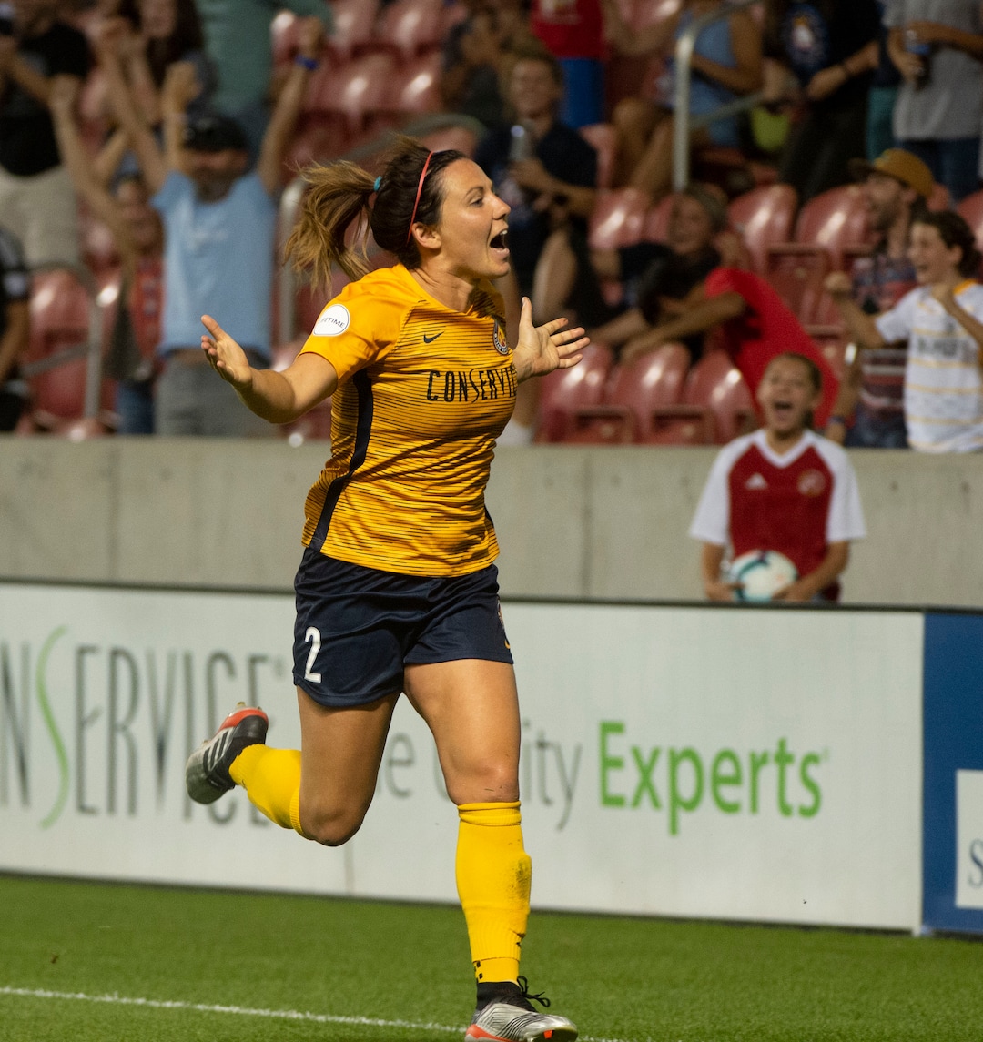 (Rick Egan  |  The Salt Lake Tribune)     Utah Royals FC defender Rachel Corsie (2) reacts after scoring the game tying goal, in Soccer action between Utah Royals FC and Portland Thorns FC, in Sandy, Friday, July 19, 2019.
