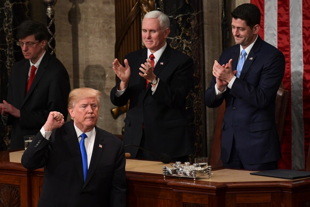 President Donald Trump gestures at the end of his State of the Union address to a joint session of Congress on Capitol Hill in Washington, Tuesday, Jan. 30, 2018. (AP Photo/Susan Walsh)