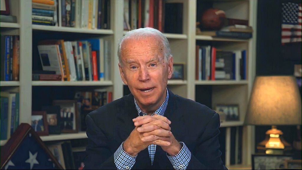 In this image from video provided by the Biden for President campaign, Democratic presidential candidate former Vice President Joe Biden speaks during a virtual press briefing Wednesday, March 25, 2020. (Biden for President via AP)