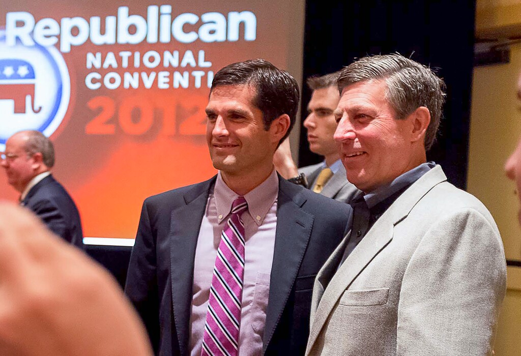 (Trent Nelson | The Salt Lake Tribune)
Bruce Hough, right, during the Republican National Convention in Tampa, Fla., in 2012. Hough is one of three Republicans who will appear on the Sept. 5, 2023, special GOP primary election ballot to replace Rep. Chris Stewart in Congress.
