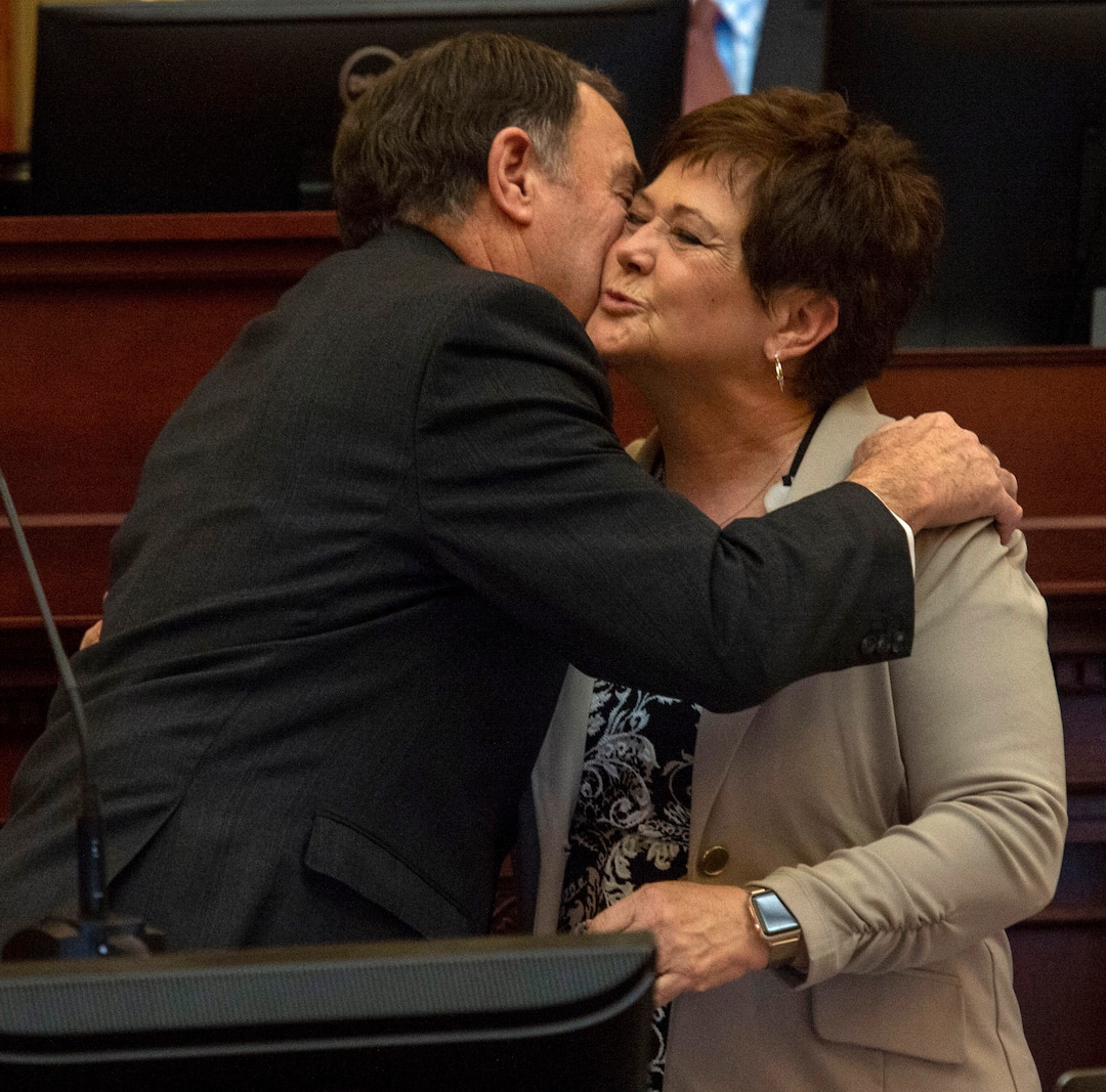 (Rick Egan  |  The Salt Lake Tribune)  Gov. Gary Herbert gives a Happy Birthday kiss to his wive Jeanette Herbert in the House of Representatives, at the end of the 2019 legislature, Thursday, March 14, 2019. 