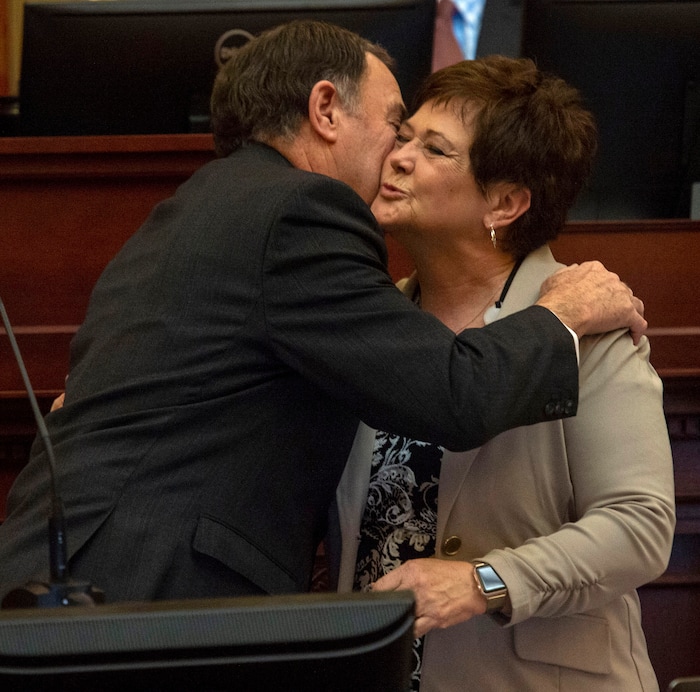 (Rick Egan  |  The Salt Lake Tribune)  Gov. Gary Herbert gives a Happy Birthday kiss to his wive Jeanette Herbert in the House of Representatives, at the end of the 2019 legislature, Thursday, March 14, 2019. 

