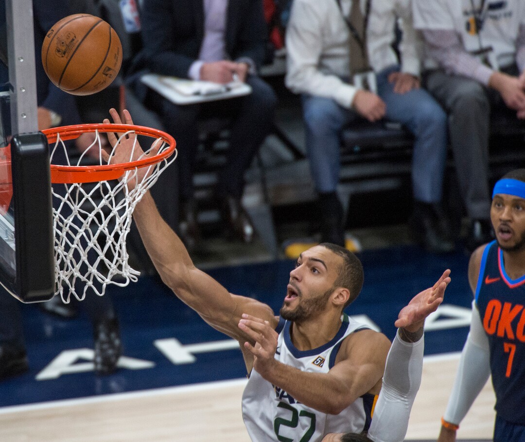(Rick Egan  |  The Salt Lake Tribune)    Utah Jazz center Rudy Gobert (27) goes in for a shot, in game 4, NBA playoff action between Utah Jazz and Oklahoma City Thunder, in Salt Lake City, Monday April 23, 2018.