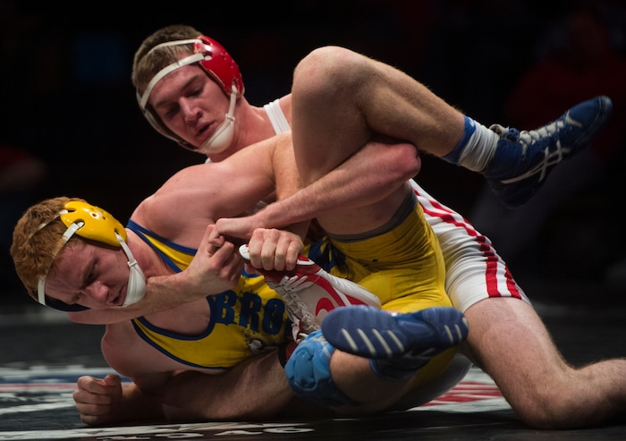 (Rick Egan  |  The Salt Lake Tribune)   Tanner Shields (Delta) wrestles Grange Simpson (San Juan) in the 170 weight class, in the 4A State Wrestling Championships at UVU in Orem, Saturday, February 10, 2018.