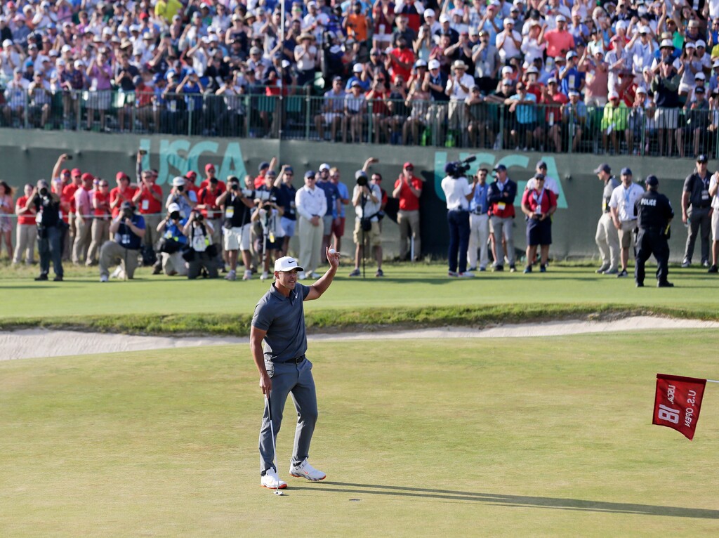 Brooks Koepka reacts after finishing the final round of the U.S. Open Golf Championship, Sunday, June 17, 2018, in Southampton, N.Y. (AP Photo/Seth Wenig)