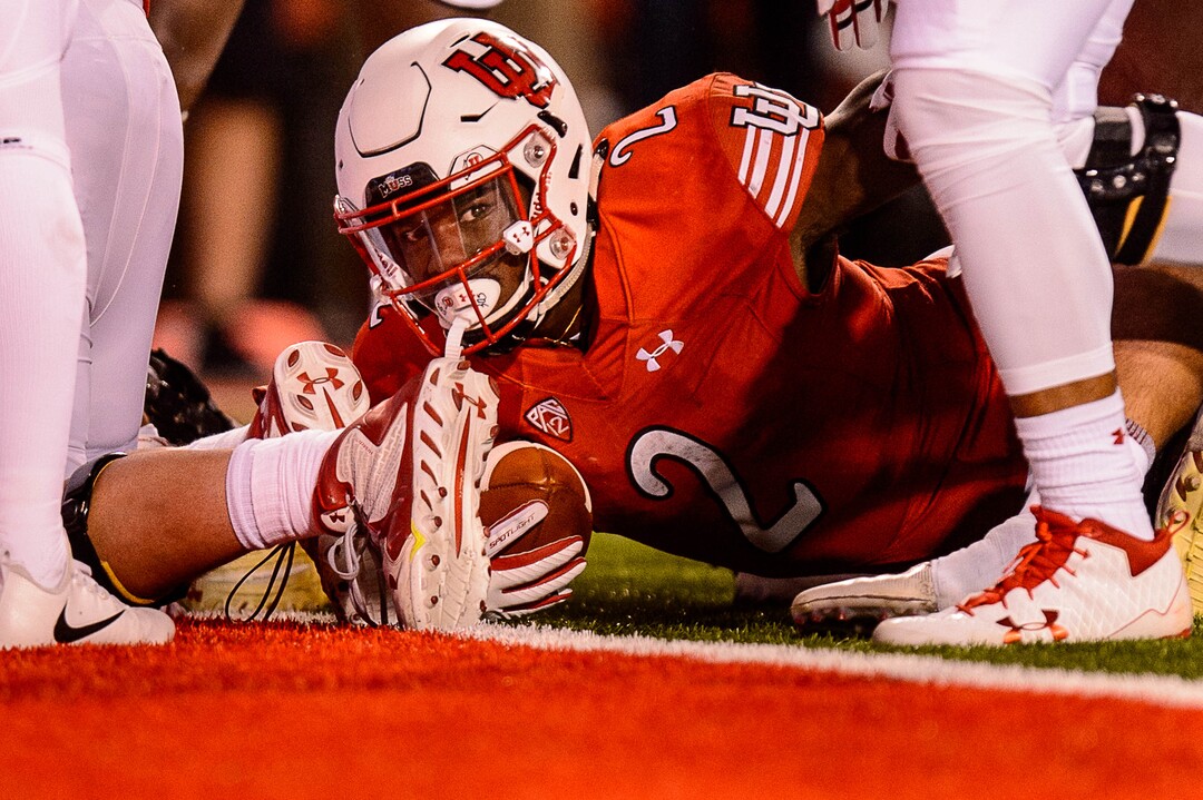 (Trent Nelson | The Salt Lake Tribune)  Utah Utes running back Zack Moss (2) is stopped inches short of a touchdown as the University of Utah hosts Stanford, NCAA football at Rice-Eccles Stadium in Salt Lake City Saturday October 7, 2017.