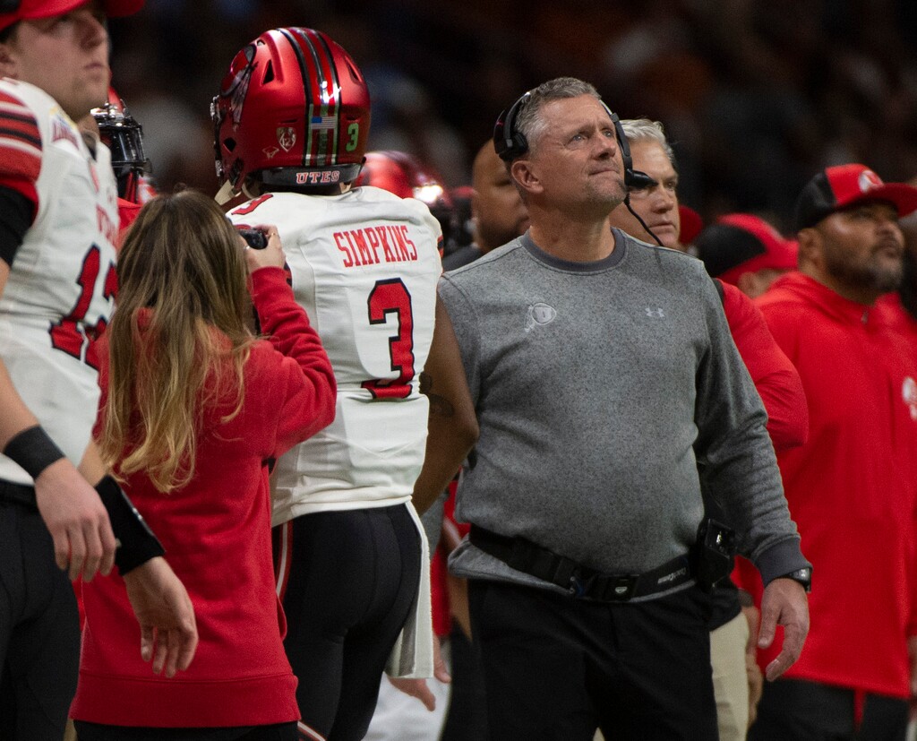 (Rick Egan  |  The Salt Lake Tribune)  Utah Utes head coach Kyle Whittingham checks the scoreboard after Utah wide receiver Demari Simpkins (3) scored a  touchdown for the Utes, in the Alamo Bowl, between the Utes and the Texas Longhorns, in San Antonio, Tuesday, Dec. 31, 2019.