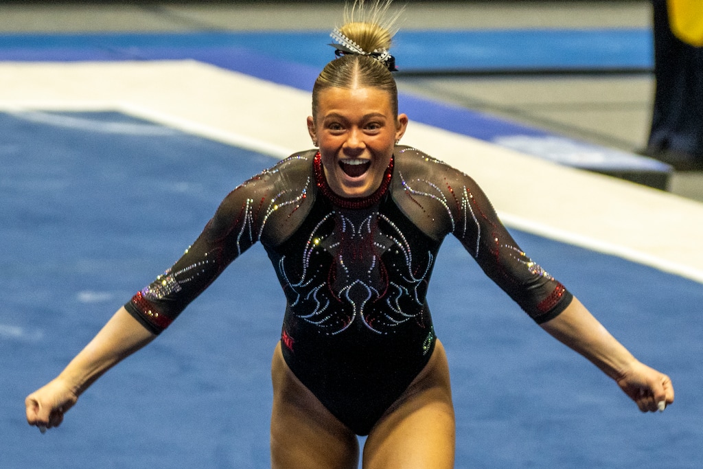(Rick Egan | The Salt Lake Tribune) Avery Neff reacts after her floor routine in the NCAA gymnastics regional finals at the Jon M. Huntsman Center on Saturday, April 5, 2025.