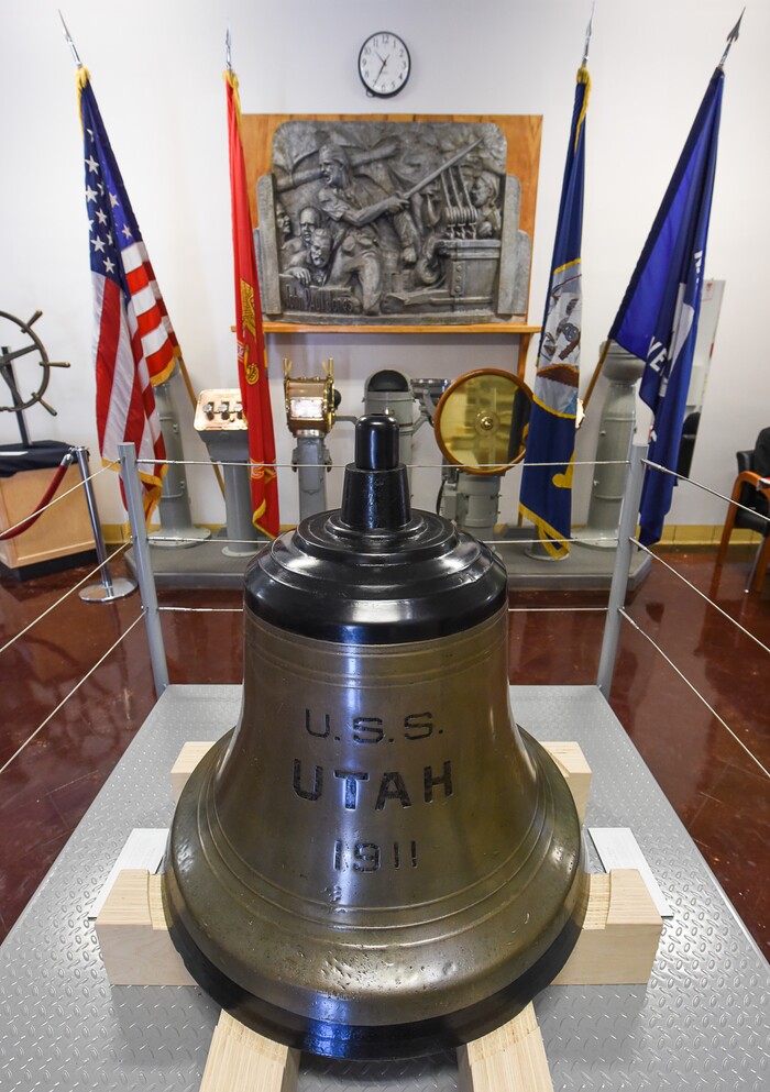 (Francisco Kjolseth  |  The Salt Lake Tribune)  The bell from the USS Utah, one of the first ships lost during the attack on Pearl Harbor, returns home, placed on display in the Naval Science building at the University of Utah during a short ceremony on Thursday, Dec. 7, 2017.