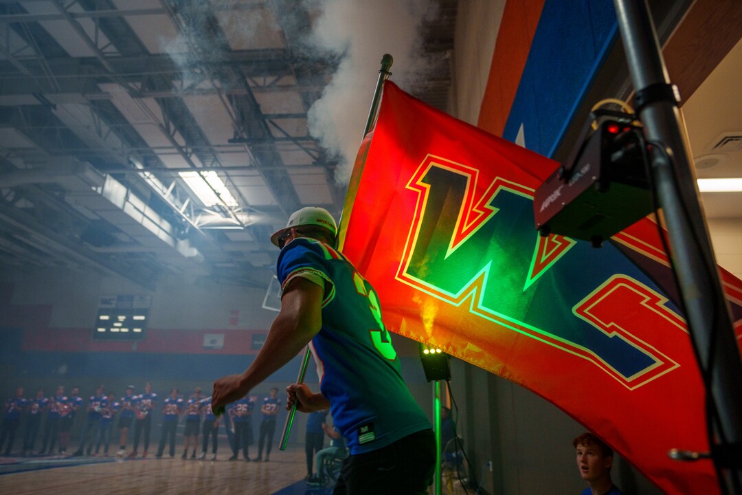 (Trent Nelson  |  The Salt Lake Tribune) Water Canyon High School's Lester Barlow is introduced at a pep rally on the day of the team's first football game, in Hildale on Friday, Aug. 12, 2022.